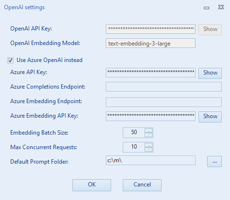 OpenAI Settings Dialog with Azure Options